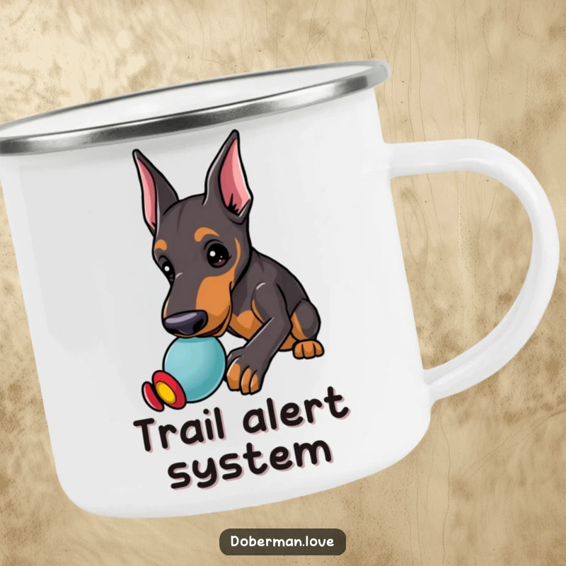 Funny Doberman Camping Mug featuring a kawaii doberman puppy with alert ears, playfully nudging a toy, ready for outdoor fun.