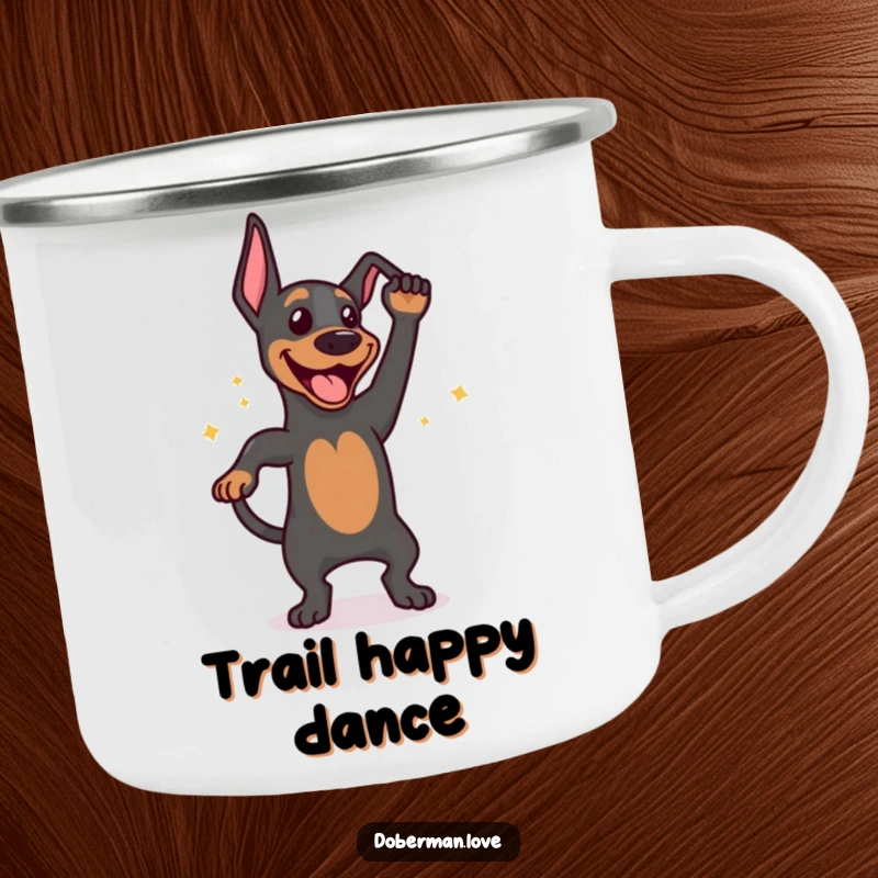 Funny camping mug illustration of a happy Doberman dog energetically wagging its tail, perfect for outdoor enthusiasts who love dogs.