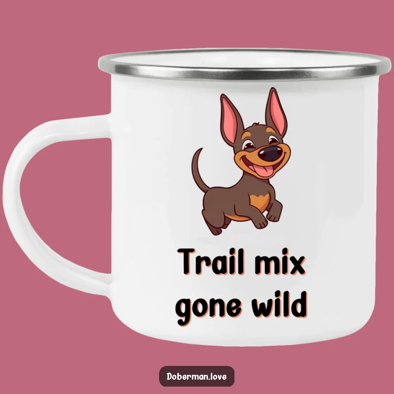 Funny Doberman Tail Chase Camping Mug: Outdoor Humor for Dog Lovers