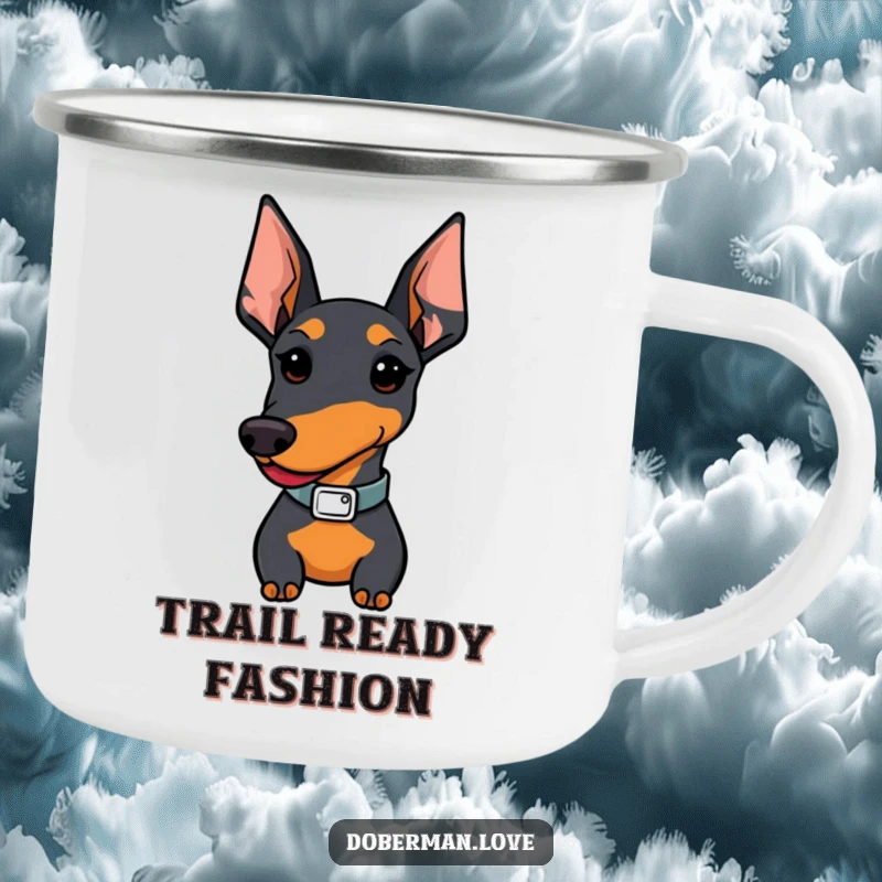 Funny Kawaii Doberman camping mug; a proud dog with a stylish collar, ready for campfire stories and fun.