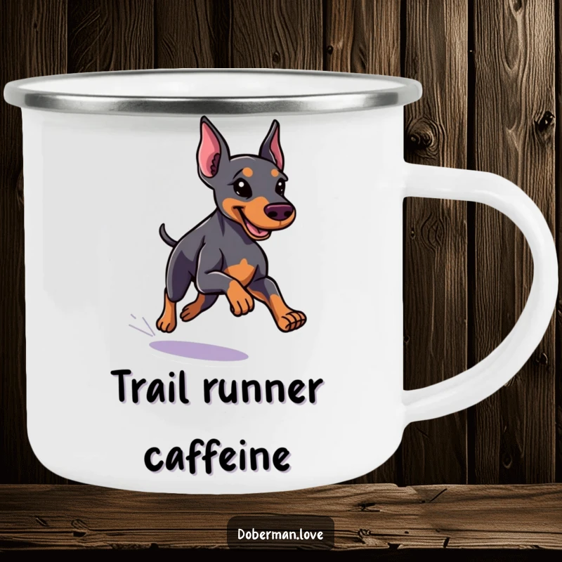 Funny little Doberman camping mug with a sleek coat running with speed, perfect for enjoying drinks with energetic humor.
