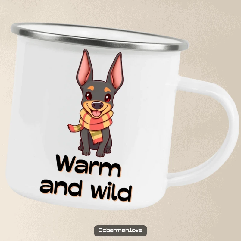 Funny Doberman Camping Mug: Adorable kawaii dog wearing a tiny scarf, looking happy, ready for adventure.