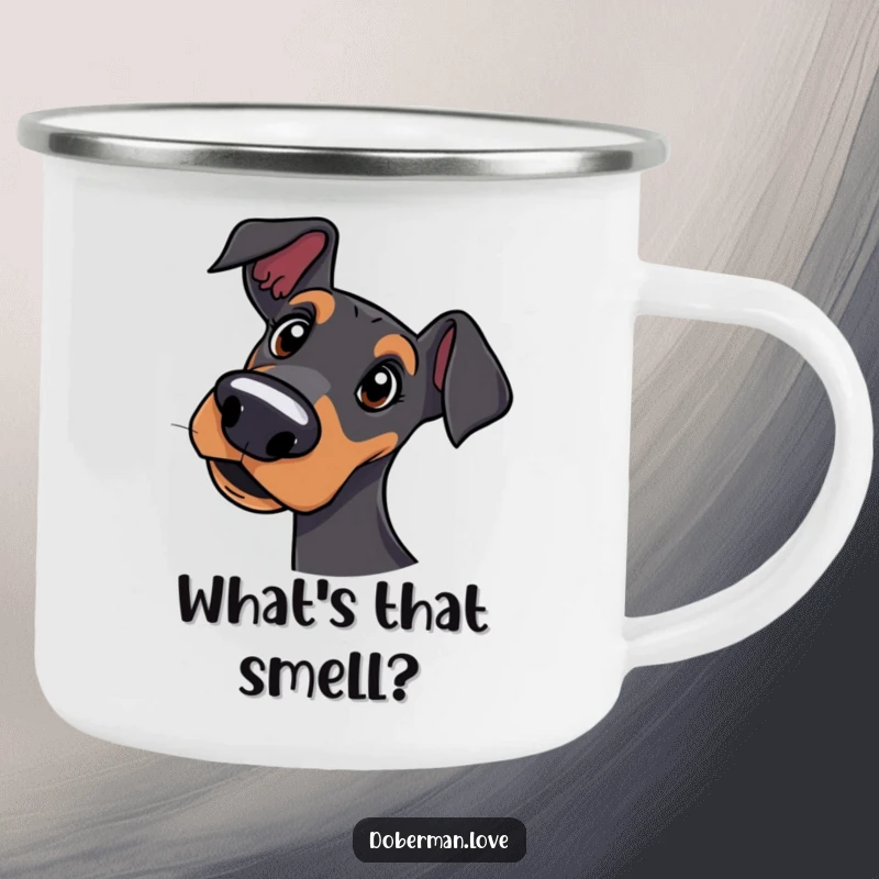 Funny enamel camping mug with a curious Doberman dog tilting its head in a quizzical pose.
