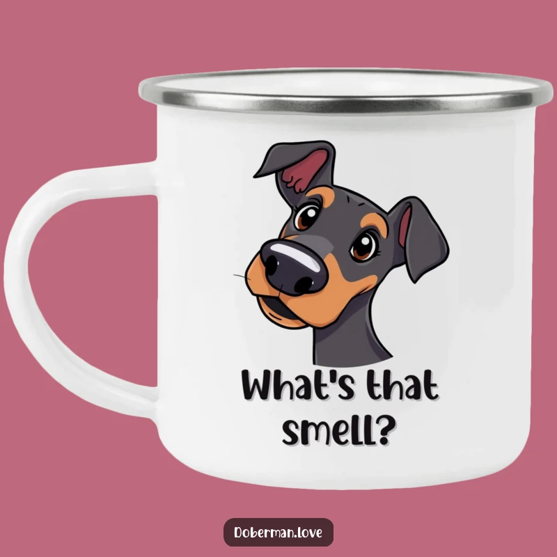 Funny Curious Doberman Camping Mug: Ponder the Outdoors, Awesome Funny Gift