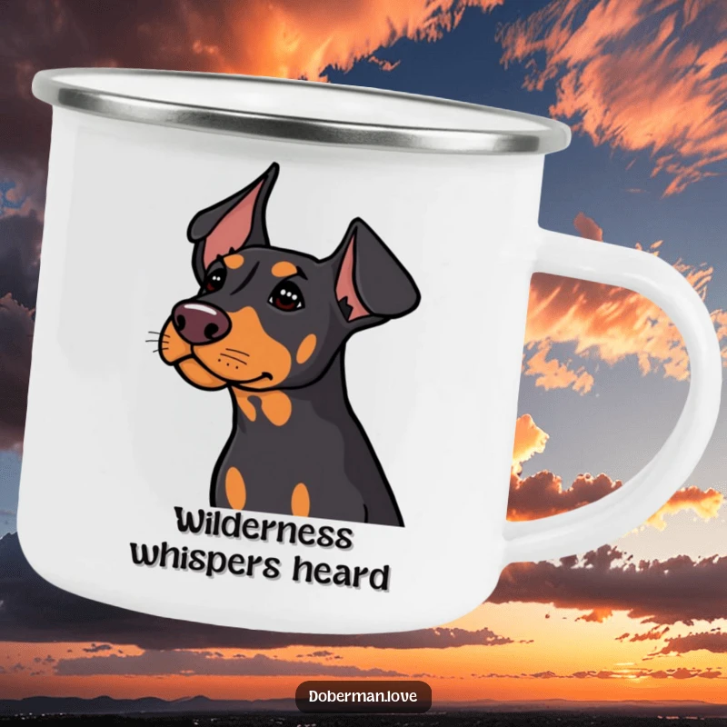 Funny Doberman camping mug with ears perked, listening to the wilderness, ready for outdoor enjoyment.