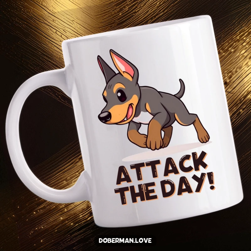Funny Doberman puppy mug showcasing an energetic puppy in a determined mid-pounce, embodying playful focus and unstoppable enthusiasm.