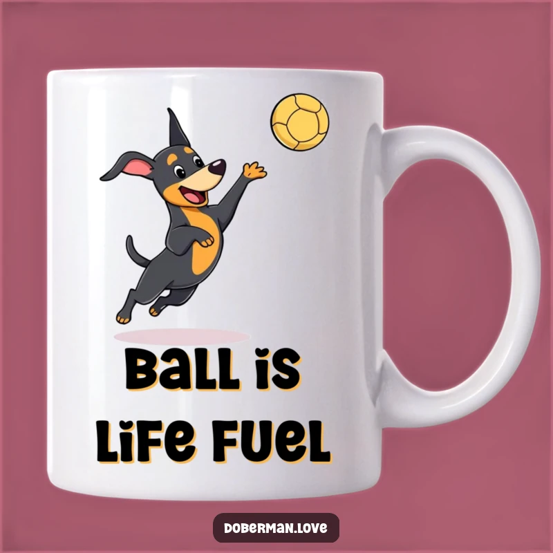 Funny Kawaii Doberman Mug, Playful Leaping Dog, Catching Ball - Hilarious Pet Gift