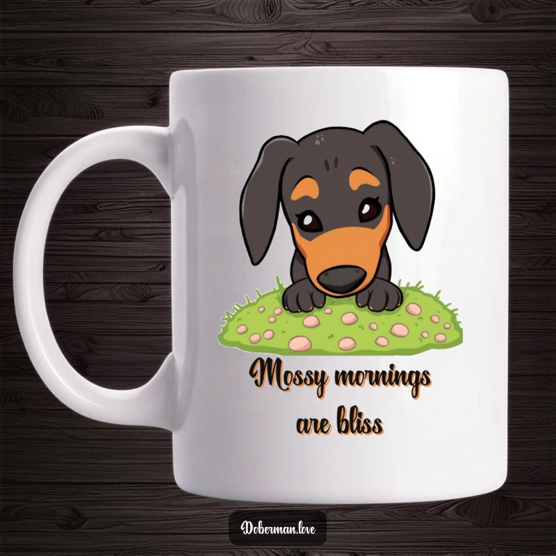 Funny Doberman Mug: Energetic dog joyfully digging in soft moss, a hilarious scene for dog enthusiasts.