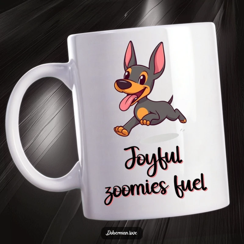 Funny Doberman Mug: Doberman running with tongue out in joyful abandon, happy and energetic canine design.