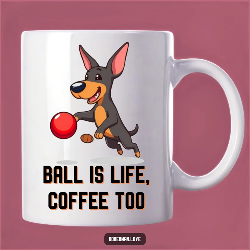 Funny Doberman Mug: Playful Leaping Dog with Red Ball Gift