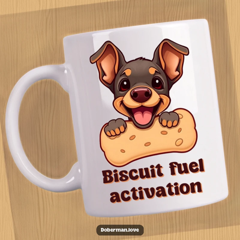 Funny Doberman Puppy Mug featuring a cute puppy peeking from a giant dog biscuit. Adorable and humorous dog art, perfect for coffee or tea lovers.