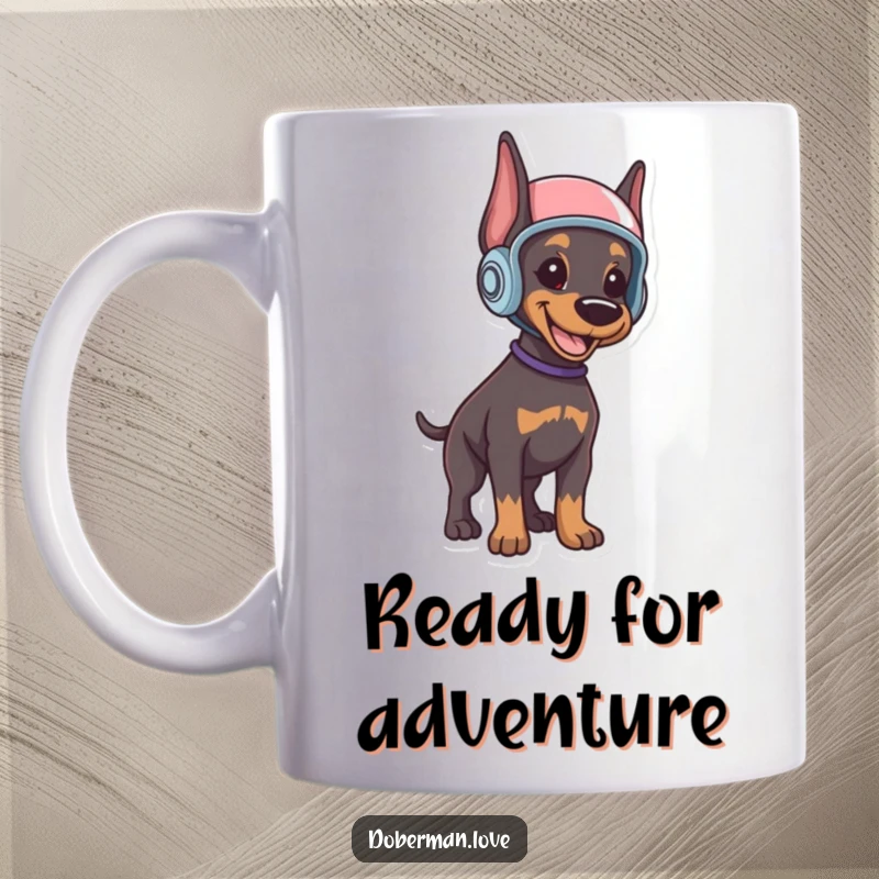 Funny Doberman puppy mug showing a smiling puppy wearing a small helmet, standing alert and ready for any adventure with adorable bravery.