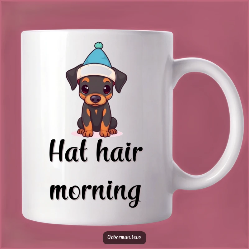 Funny Doberman Puppy Mug: Tiny Hat Mishap Makes a Hilarious Gift!