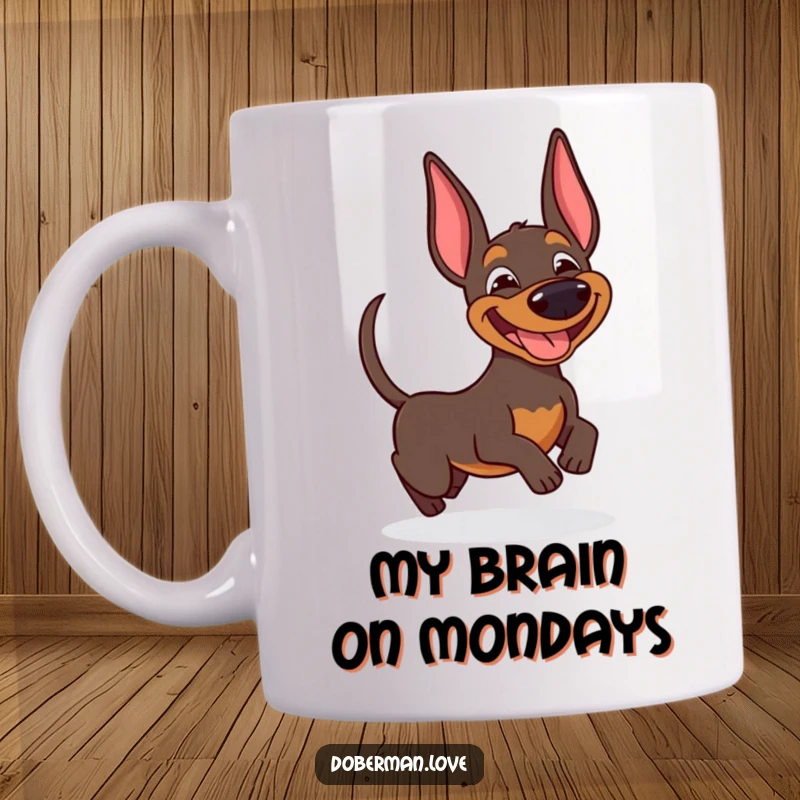 Funny Doberman mug showing a goofy dog with a wide grin, joyfully chasing its own wagging tail, a perfect gift.