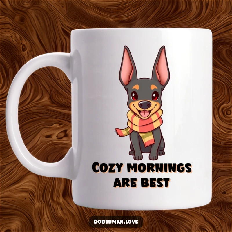 Funny Doberman Mug: Cute kawaii dog wearing a tiny scarf, looking genuinely happy and content.