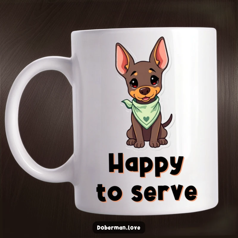 Funny Kawaii Doberman Mug wearing a cute bandana, wagging its tail, a happy and humorous dog design.