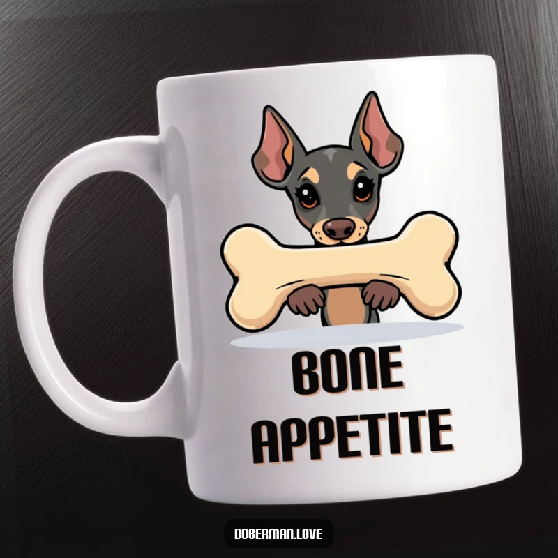 Funny Kawaii Doberman mug showing a cute dog peeking curiously from behind a huge, stylized bone, with a playful expression.