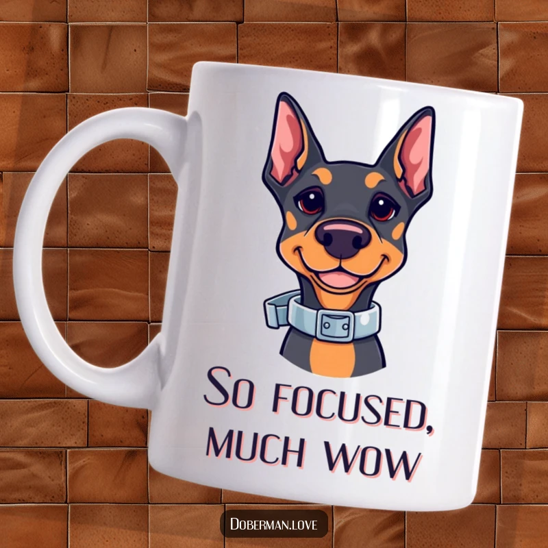 Funny Kawaii Doberman Mug showcasing a cute doberman balancing a shiny collar on its nose. Adorable dog art, perfect for coffee or tea lovers.