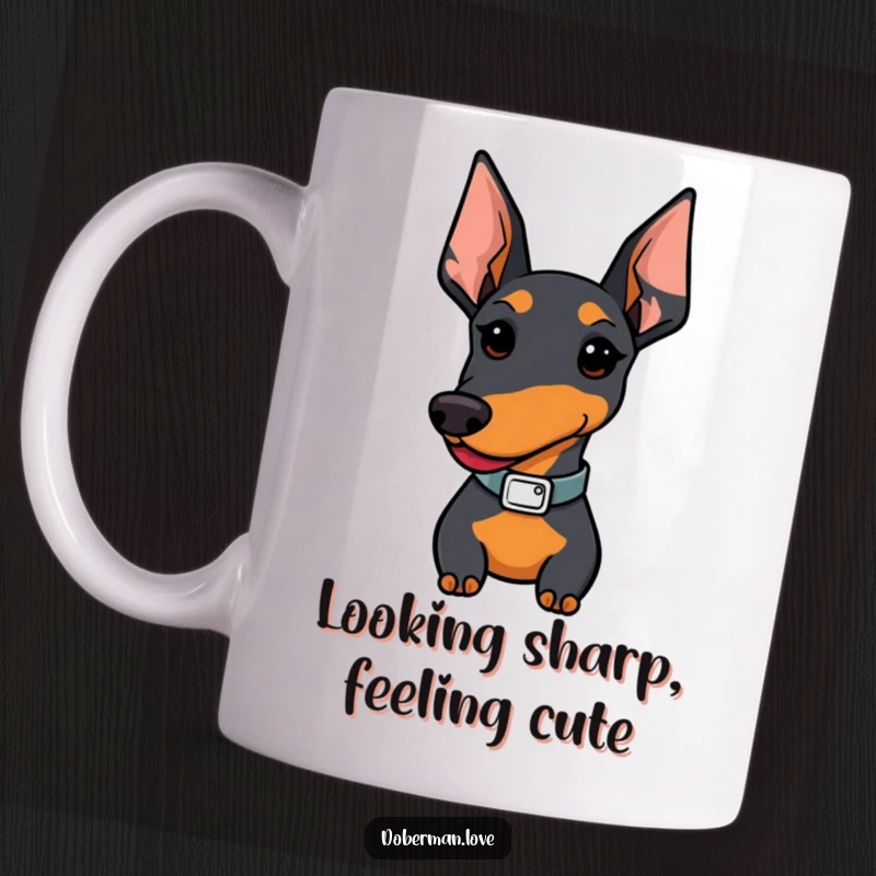 Funny Kawaii Doberman mug featuring a proud pup flaunting a tiny, stylish collar, exuding confidence and charm.