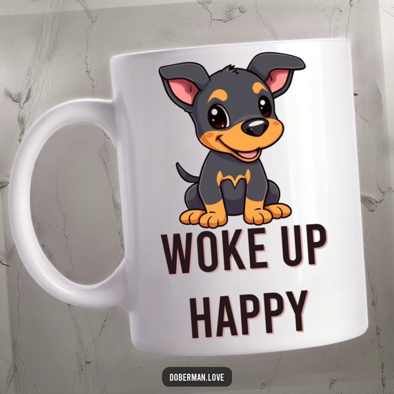 Funny Kawaii Doberman Puppy Mug: A cute Doberman puppy with alert ears and a wagging tail, a joyful funny gift.