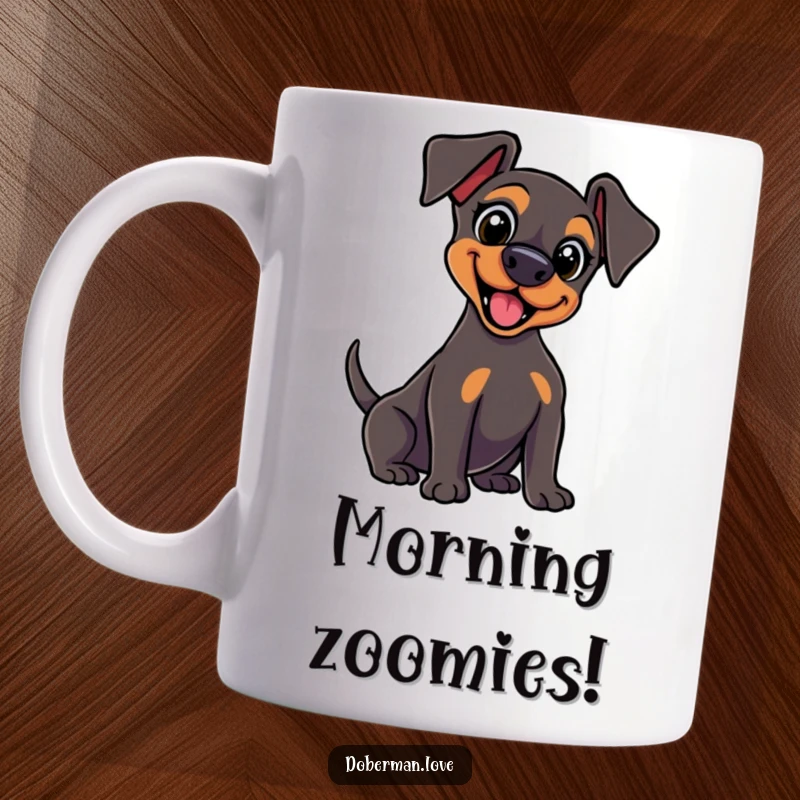 Funny kawaii Doberman mug with wide, excited eyes, wagging its tail vigorously, full of pure joy and canine enthusiasm.