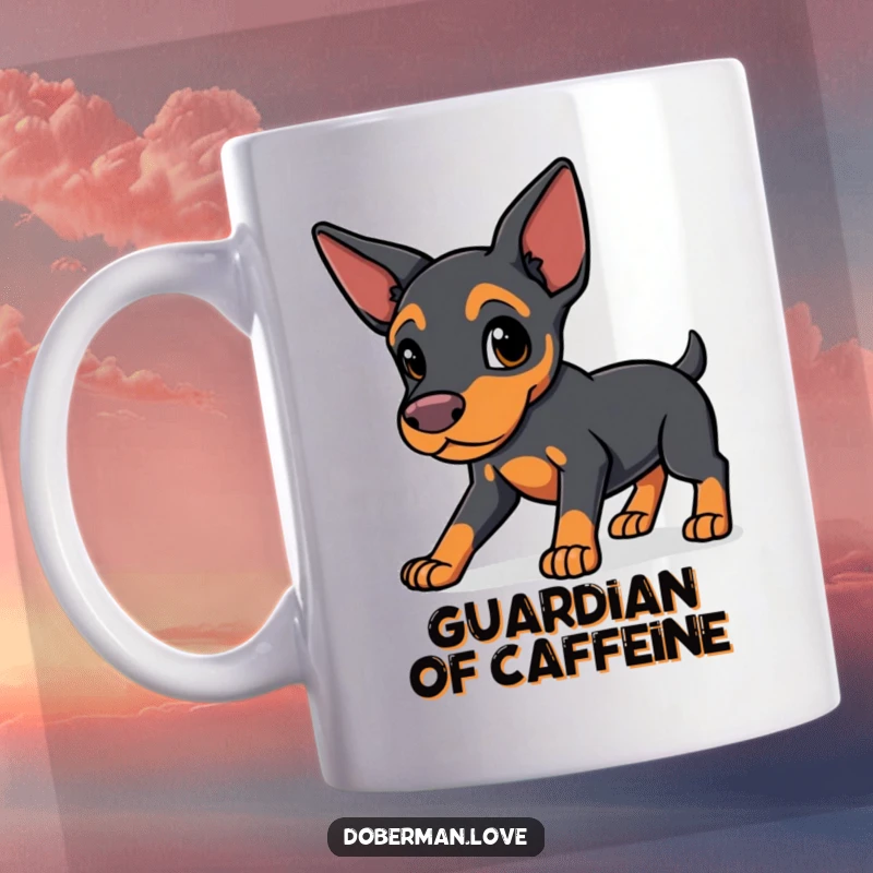 Funny Kawaii Doberman Mug: a sleek-eared dog character standing in a watchful, protective pose with a determined yet cute expression.