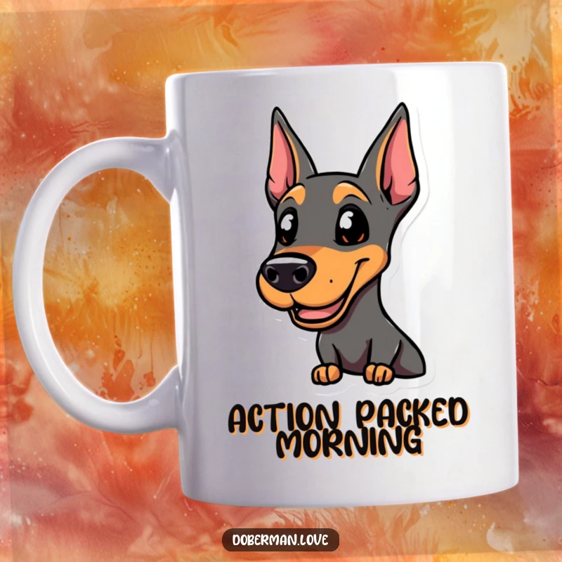 Funny smiling Doberman mug, alert and ready for action, conveying confidence and a touch of playful humor.