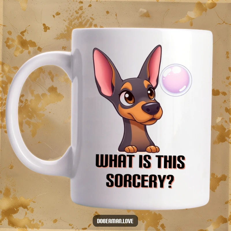 Funny Doberman Mug: Surprised dog with wide, innocent eyes watching a floating bubble, a comical sight.