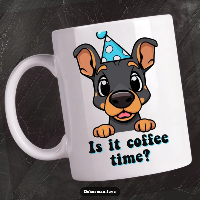 Funny Doberman Mug: Cute kawaii dog wearing a silly party hat, eyes wide with comical surprise.
