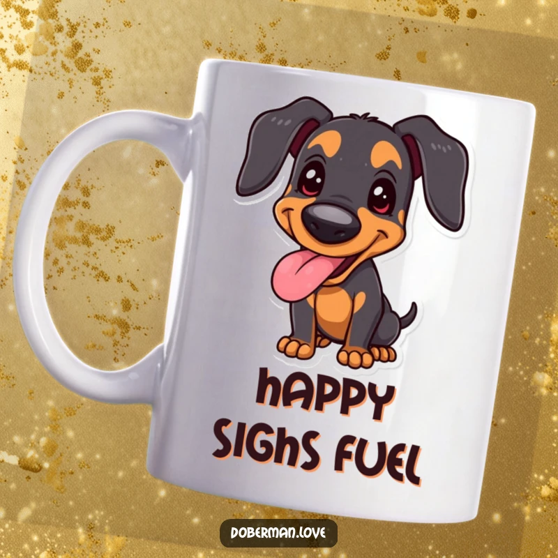 Funny joyful Doberman mug showing a dog panting happily with a proud stance, radiating contentment and humor.
