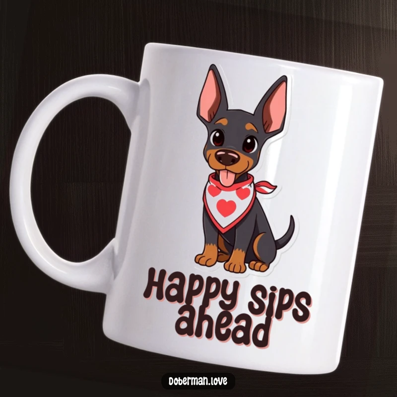 Funny Doberman Mug featuring a kawaii doberman puppy wearing a cute bandana, its tail wagging with pure, unadulterated happiness.