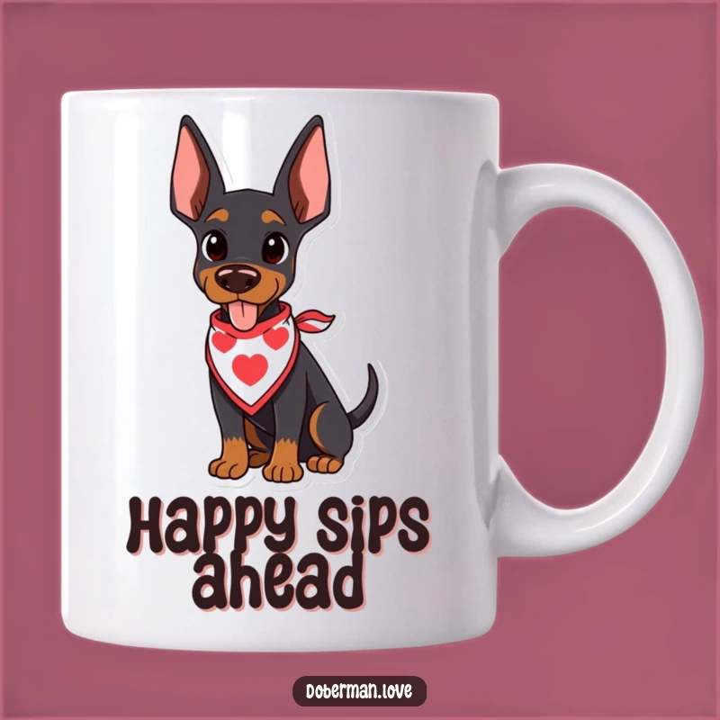 Funny Kawaii Doberman Happy Mug: Wagging Tail, Bandana, Perfect Funny Gift