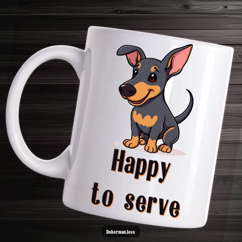 Funny Mug showing a Doberman wagging its tail with pure enthusiasm and a soft, happy smile, embodying canine joy.