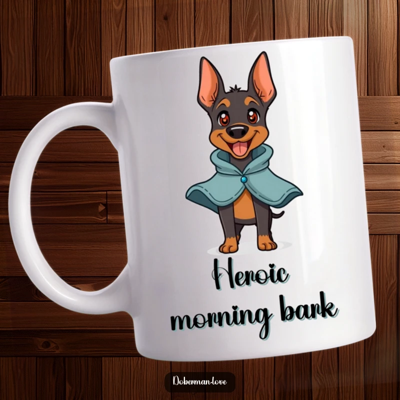 Funny Doberman Hero Mug featuring a playful doberman barking happily while wearing a small cape. Adorable and humorous dog art, perfect for coffee or tea lovers.