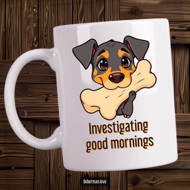 Funny Doberman Mug: Cute kawaii dog with curious eyes sniffing a giant bone, showing gentle fascination.