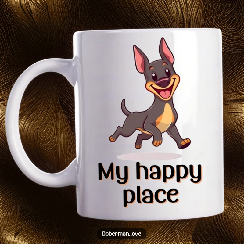 Funny Kawaii Doberman mug showing a joyful dog with a big grin, spinning in circles chasing its own tail, pure playful energy.