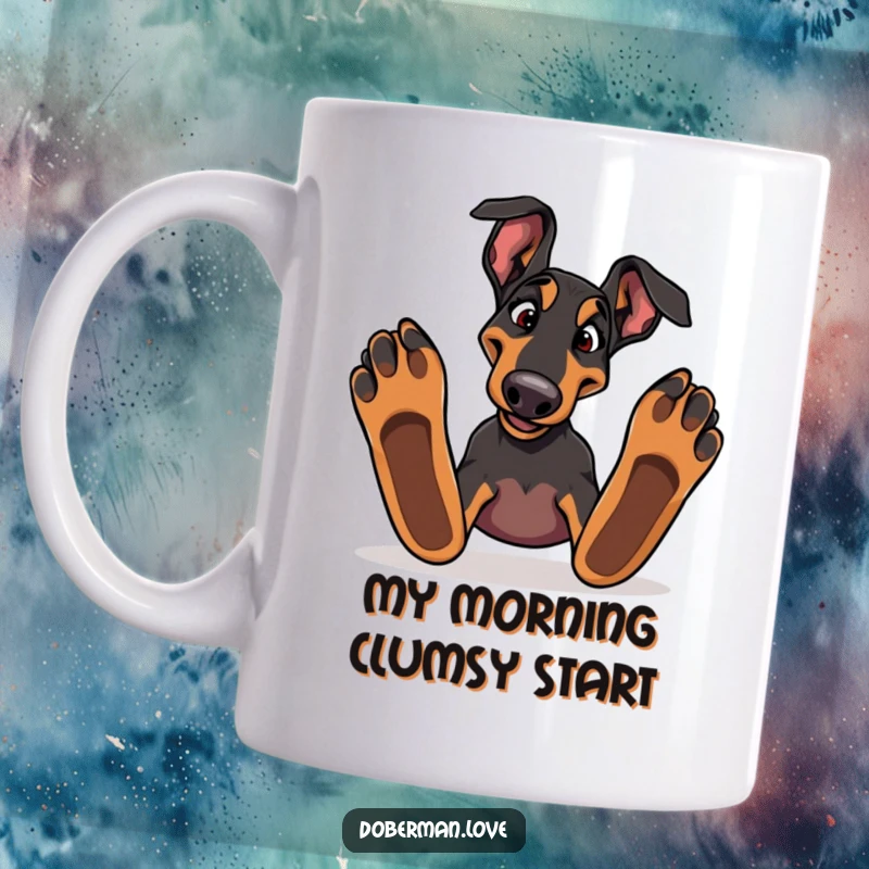 Funny Doberman dog tripping over its big clumsy paws with a comical expression on a mug.