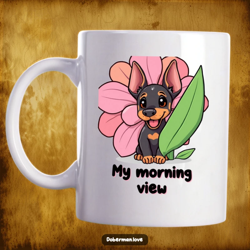 Funny Doberman cub peeking playfully from behind a huge, vibrant flower, showcasing its happy, curious nature.