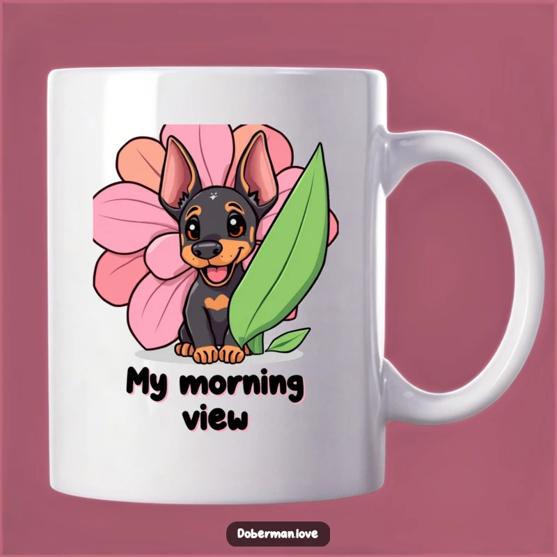 Funny Doberman Puppy Flower Mug: Adorable Doberman Cub Peekaboo Surprise!