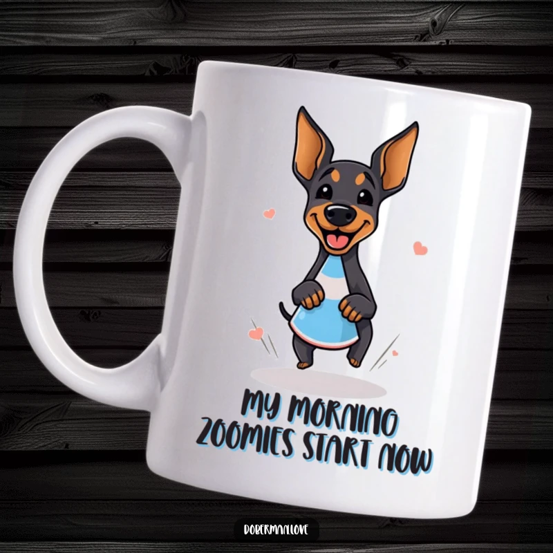 Funny doberman mug depicting a giggling dog doing a happy zoomie around a bright orange cone with pure delight.