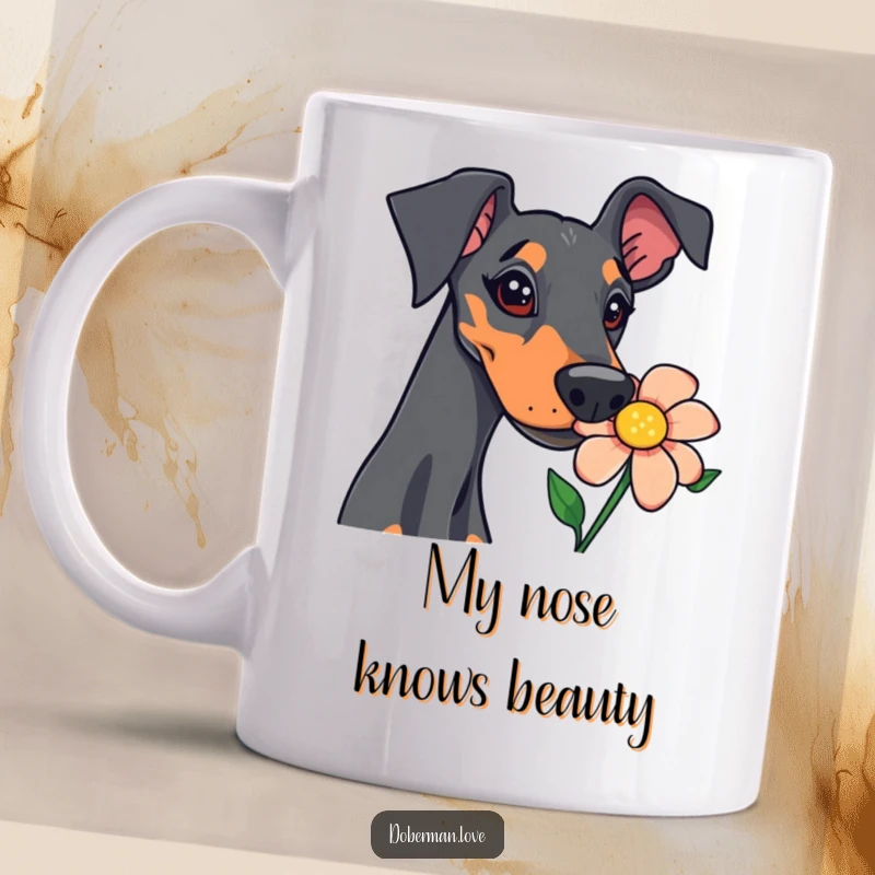 Funny doberman mug with a curious expression, sniffing a vibrant flower with intense interest, showcasing a funny and heartwarming moment.