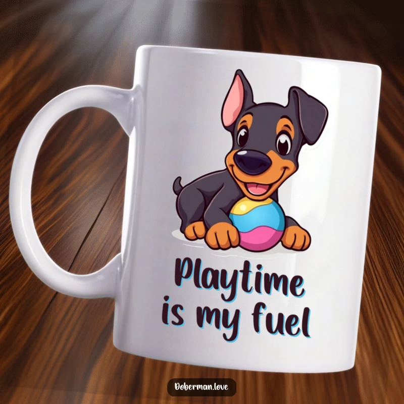 Funny Doberman Mug: Cheerful dog nudging a round, colorful toy with its snout, a playful scene.
