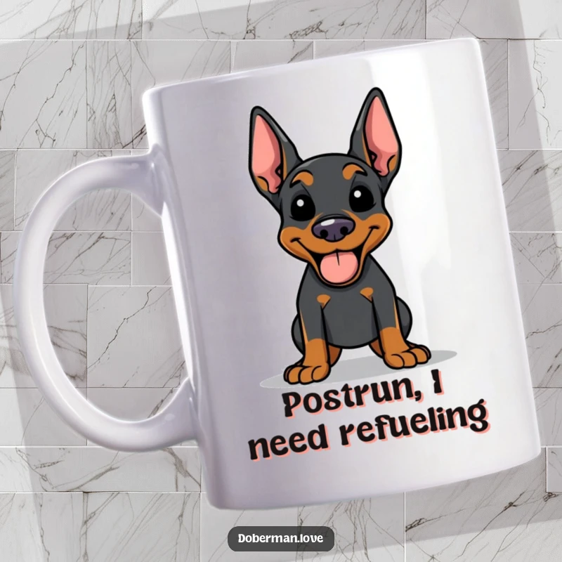 Funny Doberman mug featuring a happy dog panting with tongue out after exercise, exuding pure joy and boundless energy.