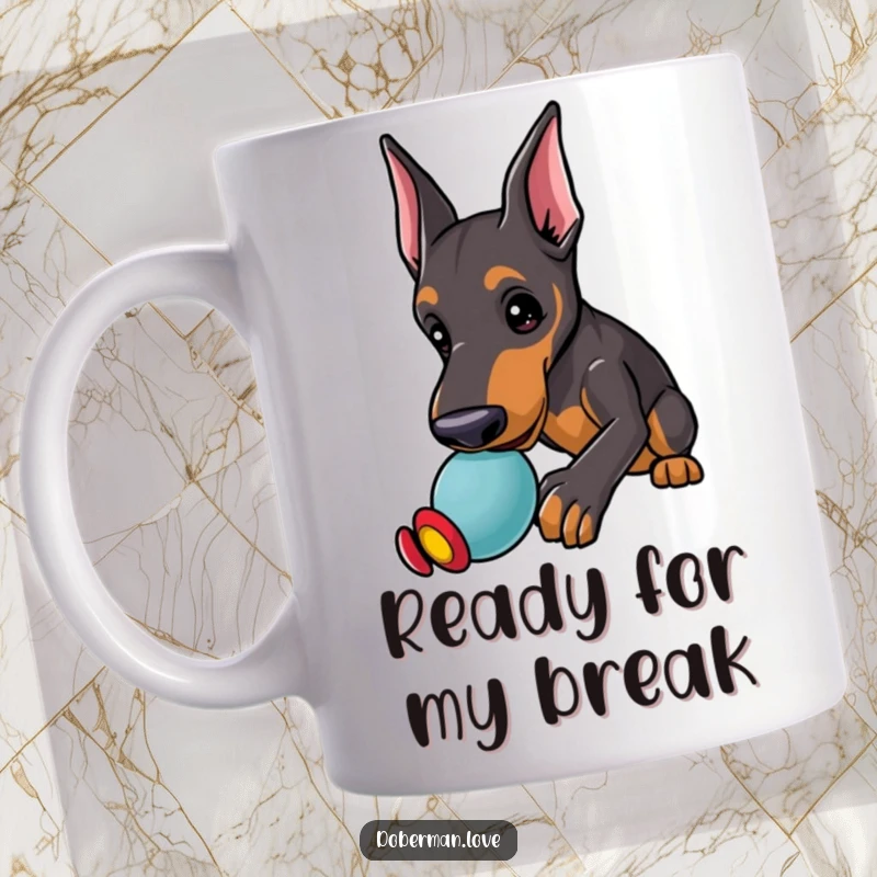 Funny Doberman Mug featuring a kawaii doberman puppy with alert ears, playfully nudging a favorite toy, ready for fun.