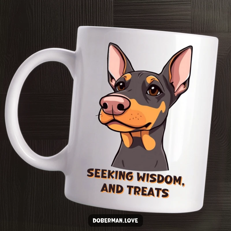 Funny Doberman Mug: Doberman with sharp but kind eyes looking upwards, loyal and gentle canine design.