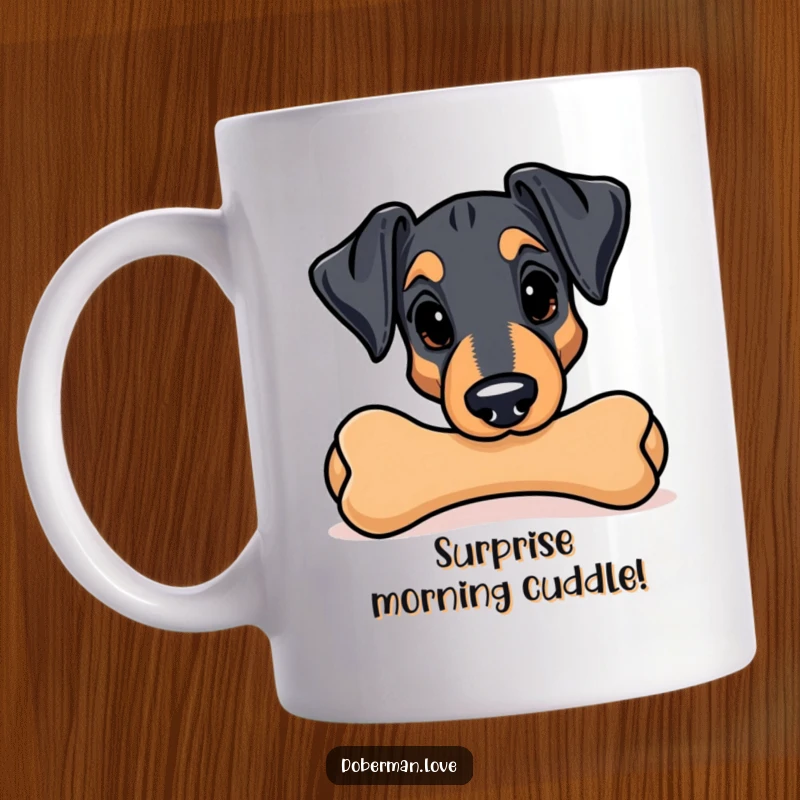 Funny Kawaii Doberman mug; a curious pup peeks playfully from behind a comically large chew toy, ready for fun.