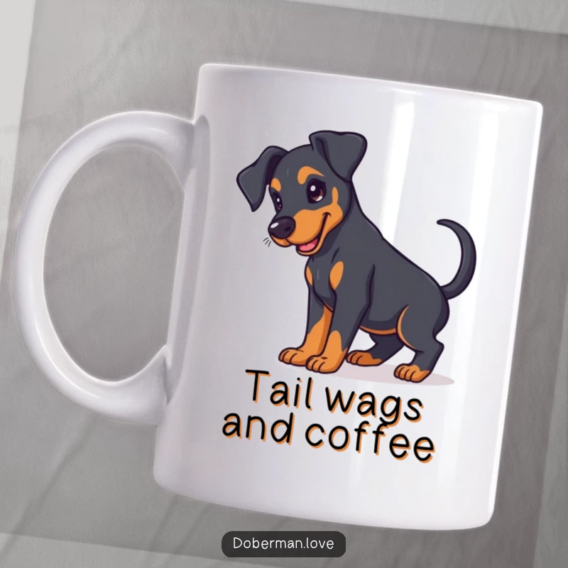 Funny Doberman puppy mug with floppy ears and an excitedly wagging tail, capturing pure canine happiness.