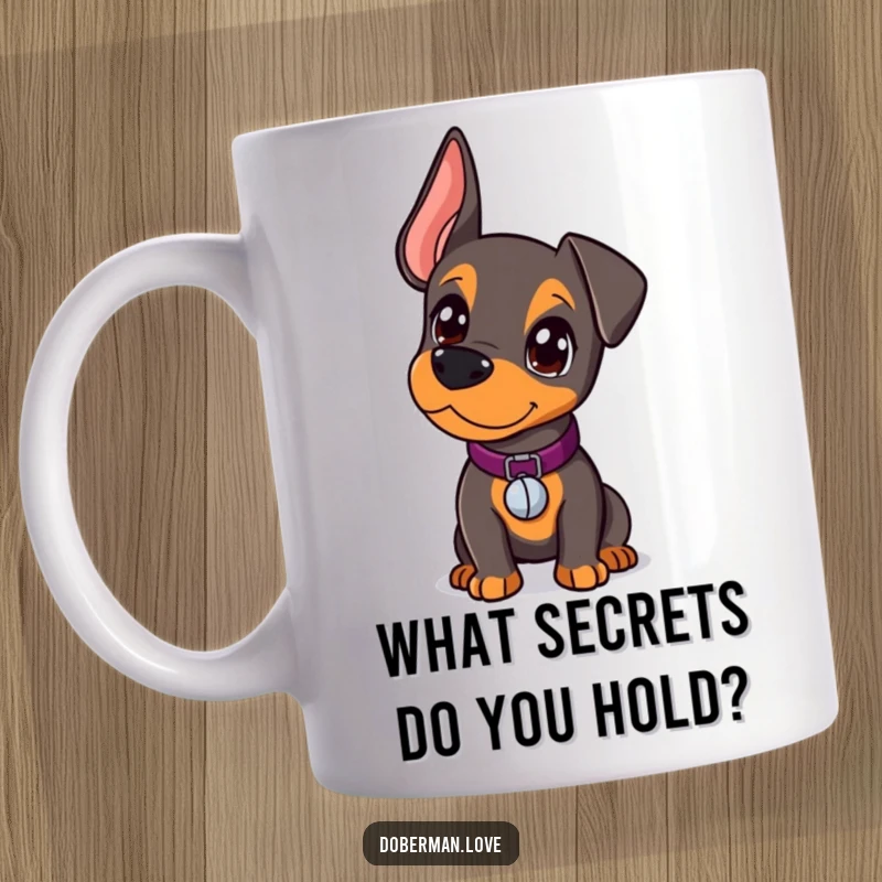 Funny Doberman Mug featuring a curious kawaii doberman puppy with a tiny bell collar, peeking around with wide, inquisitive eyes.