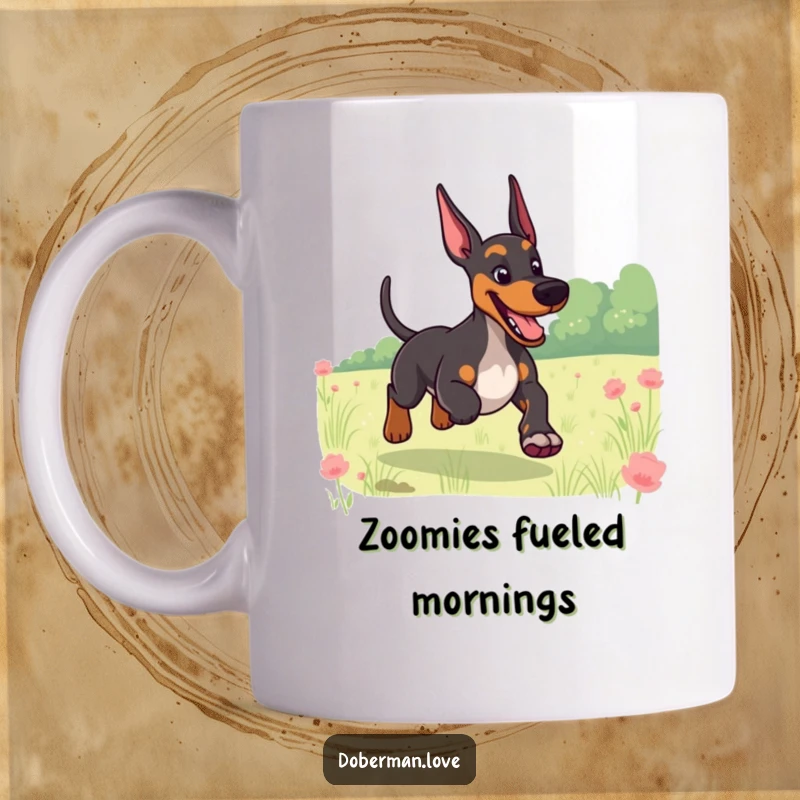 Funny mug featuring a giggling Doberman with a furiously wagging tail, joyfully running through a sunny field.