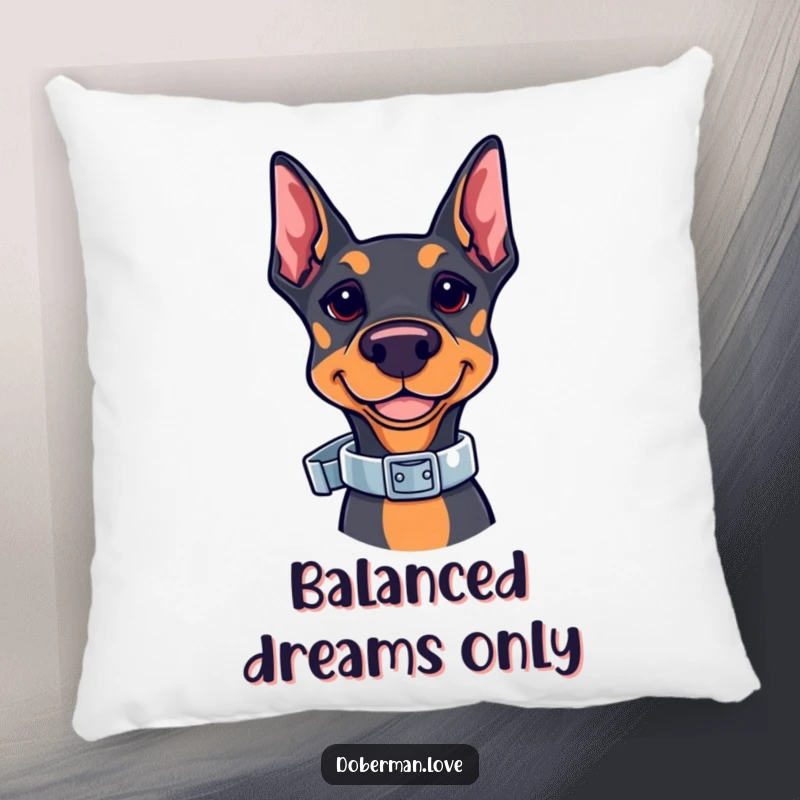 Funny Kawaii Doberman Pillow featuring a cute doberman balancing a shiny collar. Soft and decorative cushion, ideal for beds and sofas.